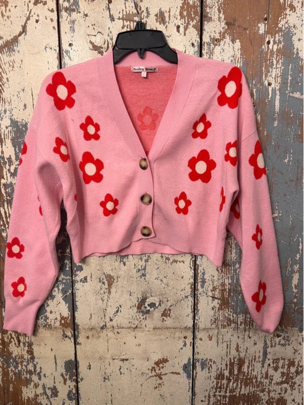 Bailey Rose Womens pink cropped flower cardigan, pink and red, size small